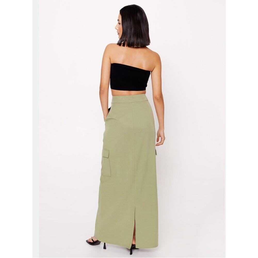 Nasty Gal Cargo Maxi Skirt Olive Green Twill High Waist Utility Size 10 - Picture 5 of 12